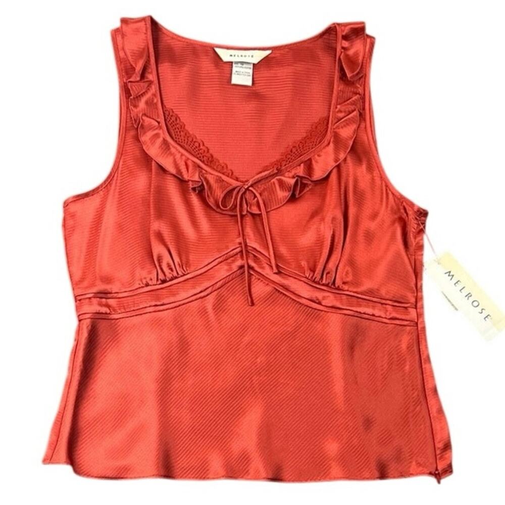 NWT Melrose Y2K Rust Satin Ruffle Lace Tie Front Cami Top Size 12